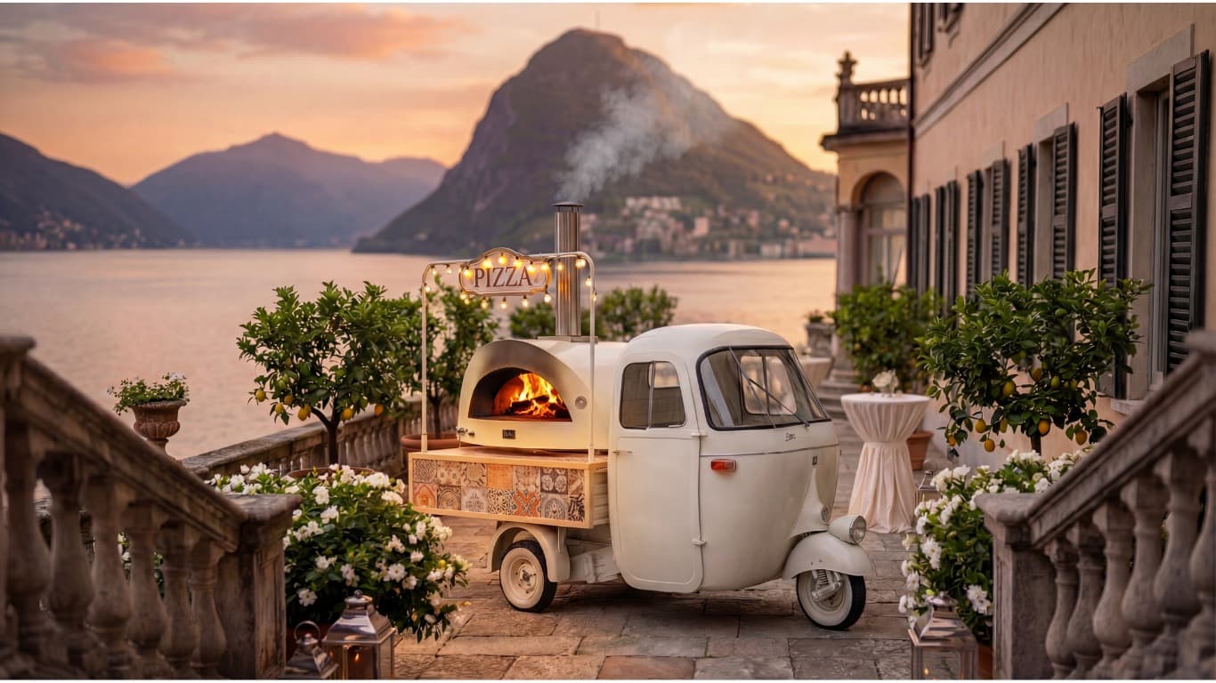 Ape Car pizza con forno a legna per matrimoni eventi Lugano Lago di Como